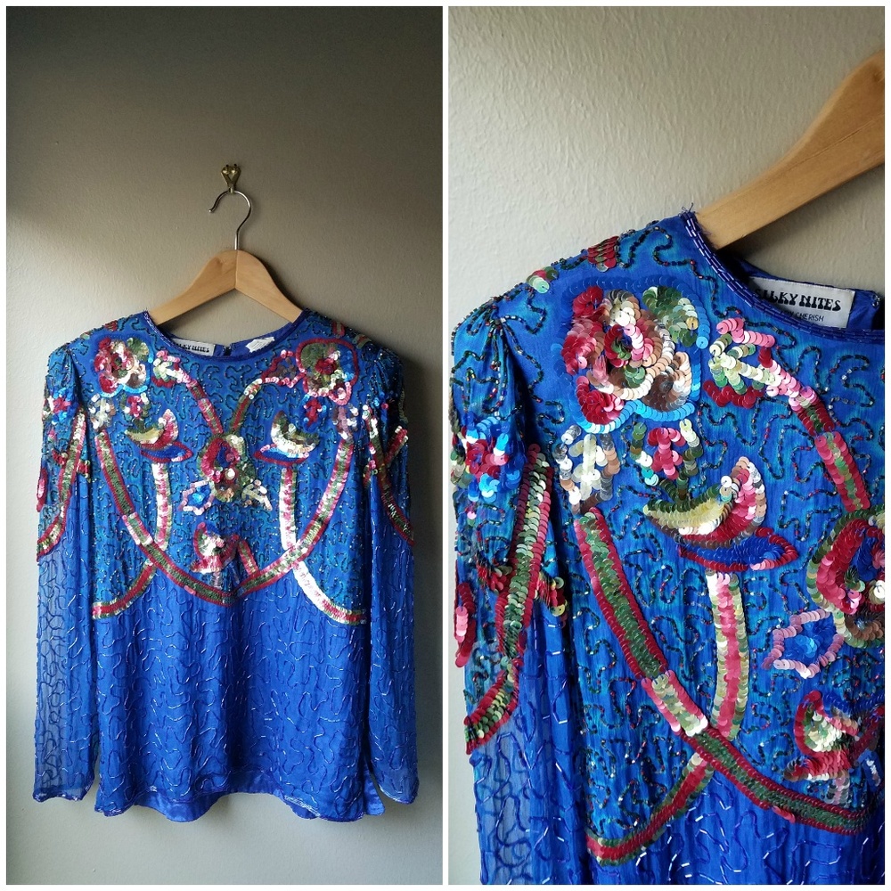 Vintage Sequin Top Blue Small Blouse Boho Silk